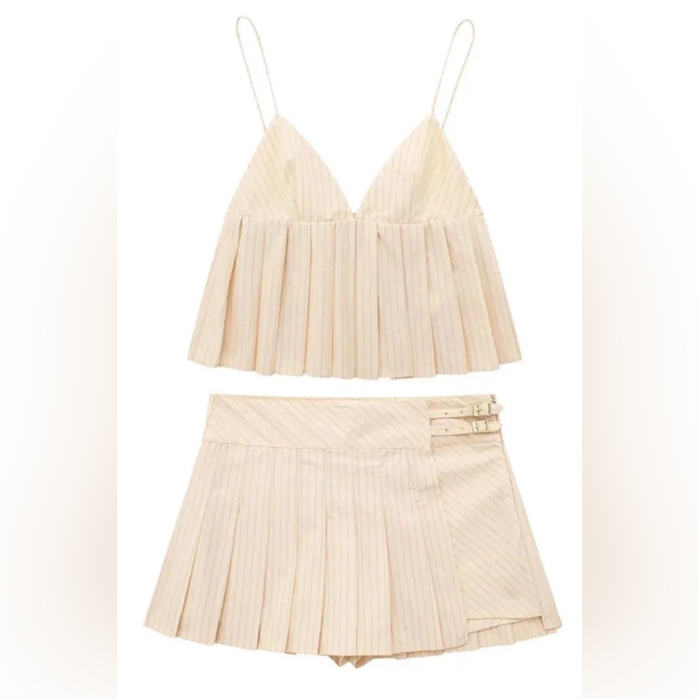 Zara Cream Pleated Two-Piece Romper Set